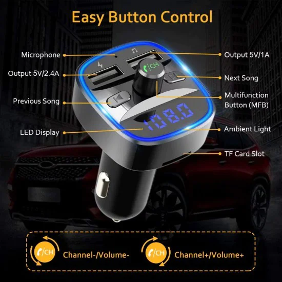 FM трансмитер – Techsuit JamLink (MFM2) – Dual USB, SD карта, син LED ринг, ултракомпактен – Черен