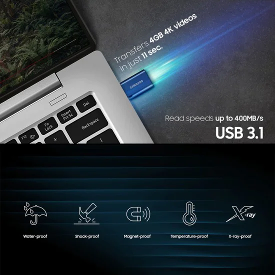 Samsung - Memory Stick (MUF-64DA/APC) - Type-C памет OTG, 64GB, 400MB/s, 5-proof технология, компютър, лаптоп, таблет - Син