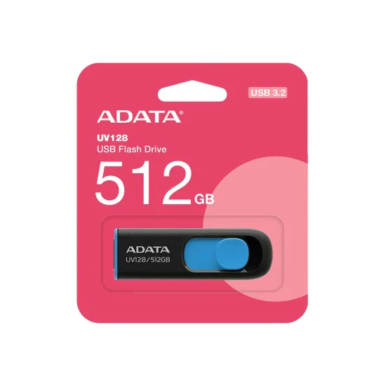 Adata - Memory Stick UV128 (AUV128-512G-RBE) - USB 3.2 Gen1 (USB 5Gbps), 512GB, 100MB/s четене, Windows, MacOS, Linux - Черен