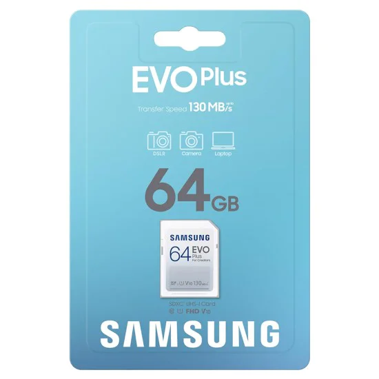 Карта памет Samsung EVO Plus – SDXC 64GB, Class 10, UHS-I, U1, V10, A1, 180MB/s – Бял