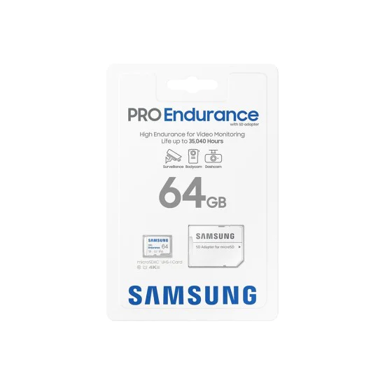 Карта памет Samsung PRO Endurance – microSDXC 64GB + Адаптер, UHS-I, Class 10, 140K часа, FHD/4K – Бял