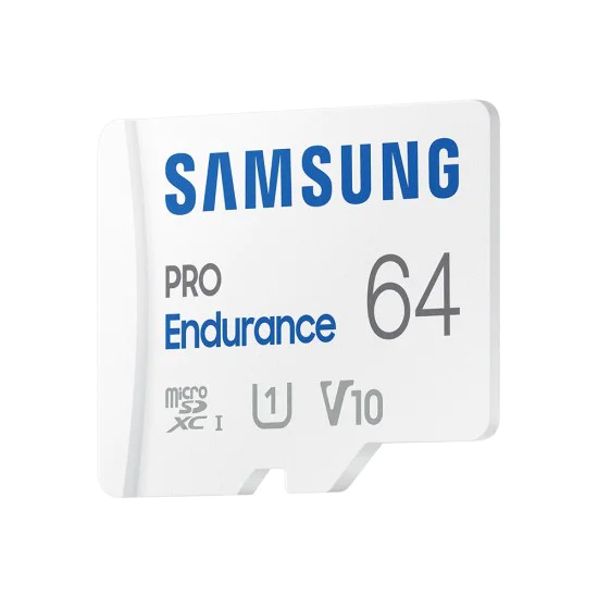 Карта памет Samsung PRO Endurance – microSDXC 64GB + Адаптер, UHS-I, Class 10, 140K часа, FHD/4K – Бял