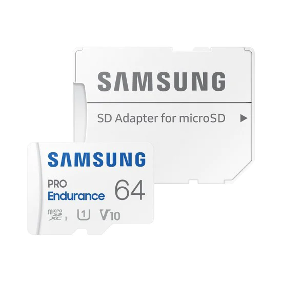 Карта памет Samsung PRO Endurance – microSDXC 64GB + Адаптер, UHS-I, Class 10, 140K часа, FHD/4K – Бял