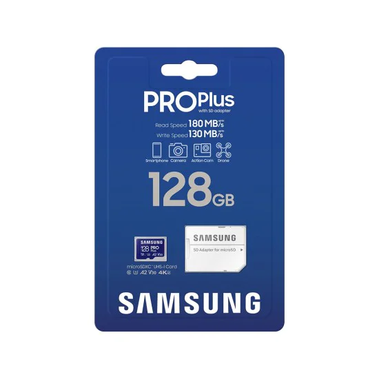 Samsung - Memory Card PRO Plus (MB-MD128SA/EU) - MicroSDXC, Адаптер, 128GB, UHS-I, U3, V30, A2, 180MB/s, Водоустойчива - Бял