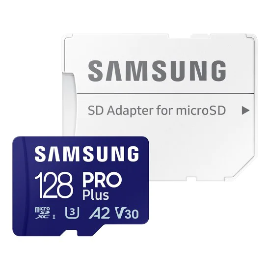 Samsung - Memory Card PRO Plus (MB-MD128SA/EU) - MicroSDXC, Адаптер, 128GB, UHS-I, U3, V30, A2, 180MB/s, Водоустойчива - Бял