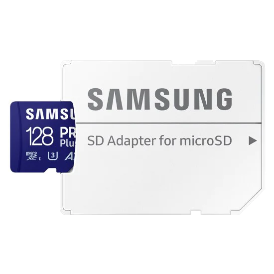 Samsung - Memory Card PRO Plus (MB-MD128SA/EU) - MicroSDXC, Адаптер, 128GB, UHS-I, U3, V30, A2, 180MB/s, Водоустойчива - Бял