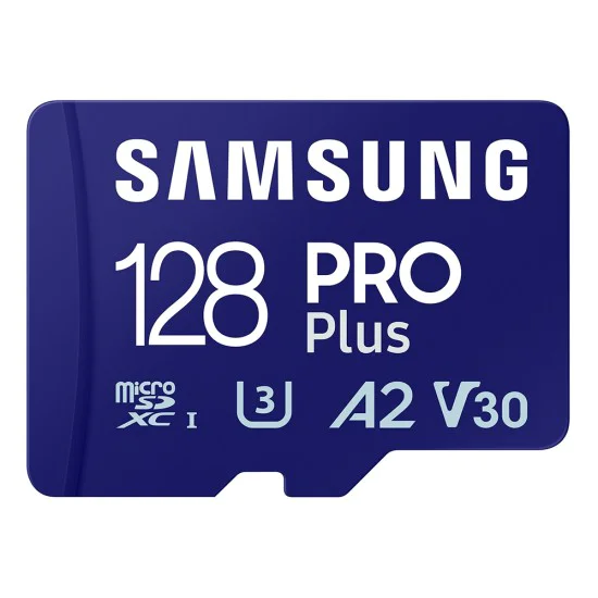Samsung - Memory Card PRO Plus (MB-MD128SA/EU) - MicroSDXC, Адаптер, 128GB, UHS-I, U3, V30, A2, 180MB/s, Водоустойчива - Бял