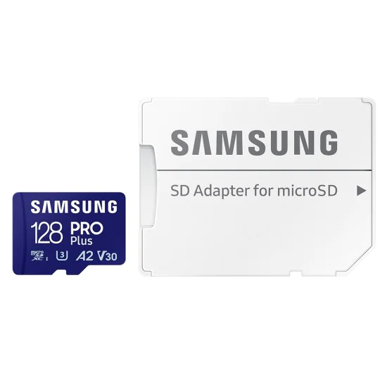 Samsung - Memory Card PRO Plus (MB-MD128SA/EU) - MicroSDXC, Адаптер, 128GB, UHS-I, U3, V30, A2, 180MB/s, Водоустойчива - Бял