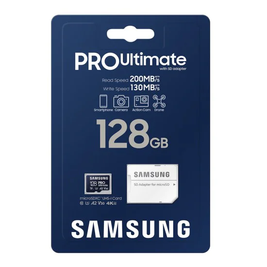 Samsung - Memory Card PRO Ultimate (MB-MY128SA/WW) - MicroSDXC, Адаптер, 128GB, UHS-I, U3, V30, A2, 200MB/s - Син/Бял