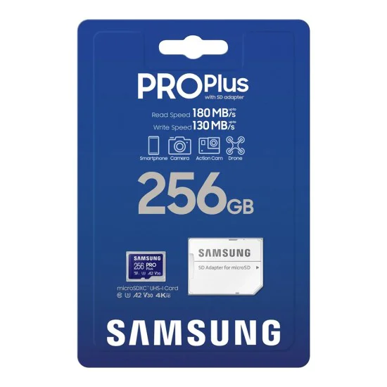 Samsung - Карта памет PRO Plus (MB-MD256SA/EU) - MicroSDXC, Адаптер, 256GB, UHS-I, U3, Клас 10, V30, A2, 180 MB/s - Бял