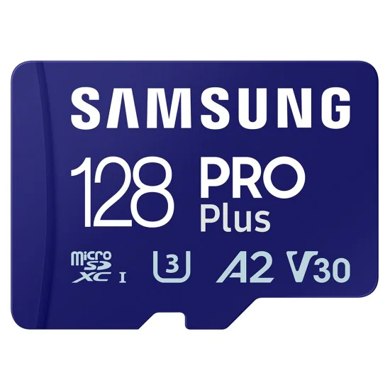 Карта памет Samsung PRO Plus + Reader – microSDXC 128GB, UHS-I, U3, V30, A2, 180MB/s – Син / Бял