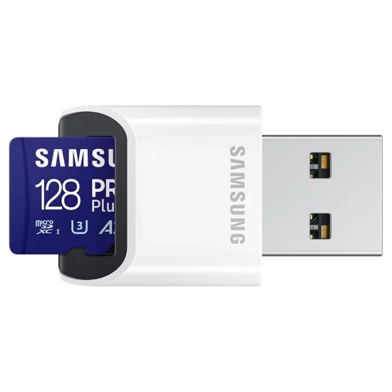 Карта памет Samsung PRO Plus + Reader – microSDXC 128GB, UHS-I, U3, V30, A2, 180MB/s – Син / Бял