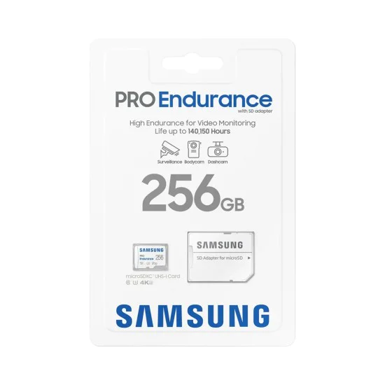 Карта памет Samsung PRO Endurance – microSDXC 256GB + Адаптер, UHS-I, U3, V30, Class 10, 100MB/s – Бял