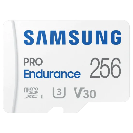 Карта памет Samsung PRO Endurance – microSDXC 256GB + Адаптер, UHS-I, U3, V30, Class 10, 100MB/s – Бял