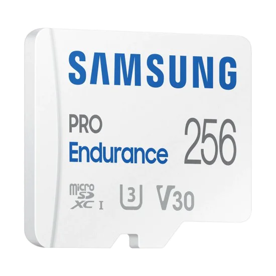 Карта памет Samsung PRO Endurance – microSDXC 256GB + Адаптер, UHS-I, U3, V30, Class 10, 100MB/s – Бял