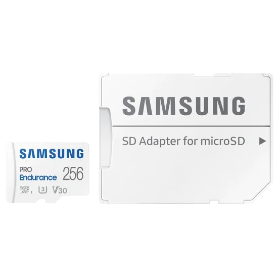 Карта памет Samsung PRO Endurance – microSDXC 256GB + Адаптер, UHS-I, U3, V30, Class 10, 100MB/s – Бял