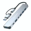 Techsuit - Докинг станция DataBridge 7 в 1 (H6) - USB, Type-C към USB 3.0, 4x USB 2.0, 2x Type-C - Сив