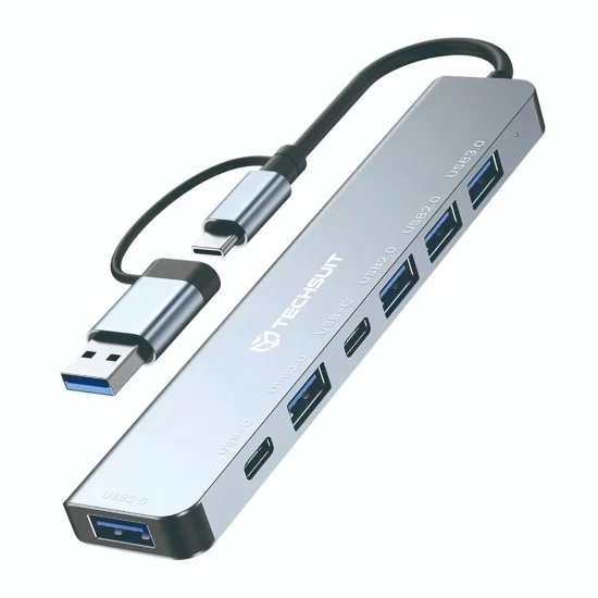 Techsuit - Докинг станция DataBridge 7 в 1 (H6) - USB, Type-C към USB 3.0, 4x USB 2.0, 2x Type-C - Сив
