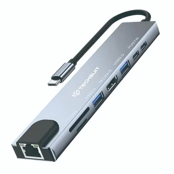 Techsuit - Докинг станция NetBridge 8 в 1 (H2) - Type-C към 2x Type-C, 2x USB, HDMI, RJ45, TF/SD, 4K@30Hz, PD87W - Сив