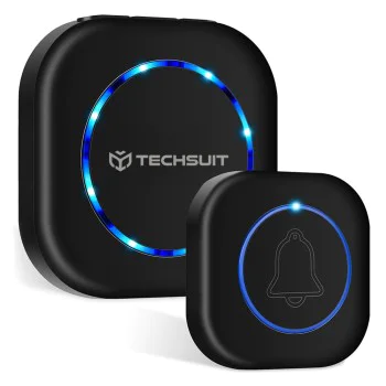 Techsuit - Премиум безжичен звънец за врата Buzzzly (SU1) - Водоустойчив, 38 уникални мелодии, 4 нива на сила на звука, 5 режима музика/светкавица - Черен