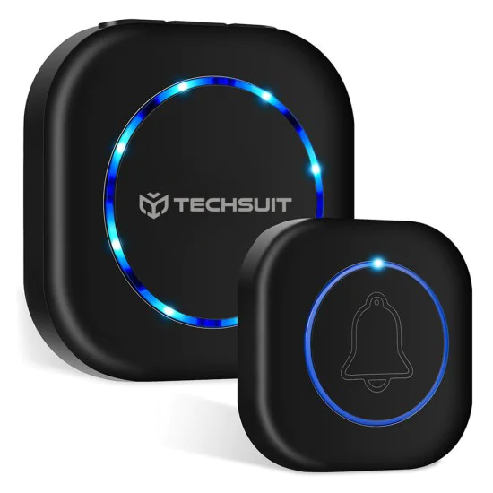 Techsuit - Премиум безжичен звънец за врата Buzzzly (SU1) - Водоустойчив, 38 уникални мелодии, 4 нива на сила на звука, 5 режима музика/светкавица - Черен