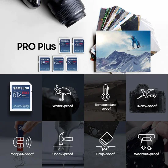 Карта памет Samsung PRO Plus + Четец – SDXC 256GB, UHS-I, U3, V30, A2, 160MB/s – Син / Бял