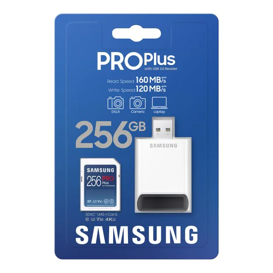 Карта памет Samsung PRO Plus + Четец – SDXC 256GB, UHS-I, U3, V30, A2, 160MB/s – Син / Бял