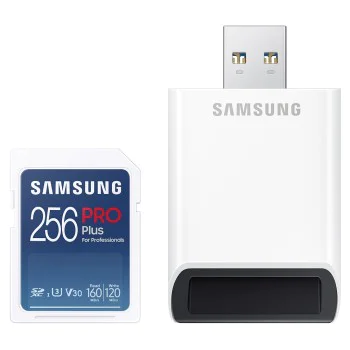 Карта памет Samsung PRO Plus + Четец – SDXC 256GB, UHS-I, U3, V30, A2, 160MB/s – Син / Бял