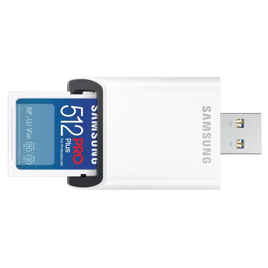 Карта памет Samsung PRO Plus + Четец – SDXC 512GB, UHS-I, U3, V30, A2, 180MB/s – Син / Бял