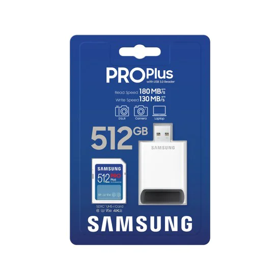 Карта памет Samsung PRO Plus + Четец – SDXC 512GB, UHS-I, U3, V30, A2, 180MB/s – Син / Бял