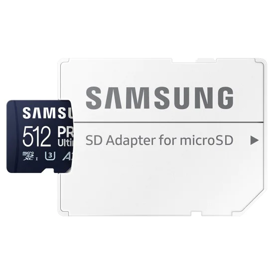 Карта памет Samsung PRO Ultimate – microSDXC 512GB + Адаптер, UHS-I, U3, V30, A2, 200MB/s – Син / Бял