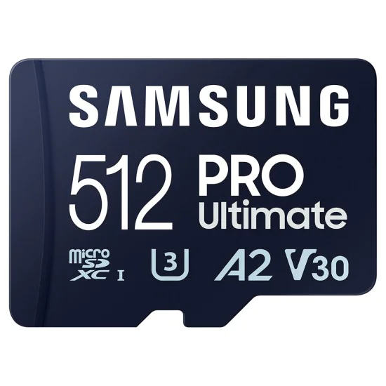 Карта памет Samsung PRO Ultimate – microSDXC 512GB + Адаптер, UHS-I, U3, V30, A2, 200MB/s – Син / Бял