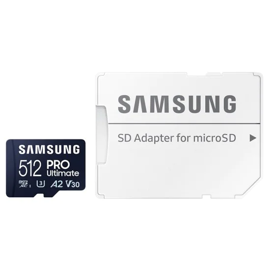 Карта памет Samsung PRO Ultimate – microSDXC 512GB + Адаптер, UHS-I, U3, V30, A2, 200MB/s – Син / Бял