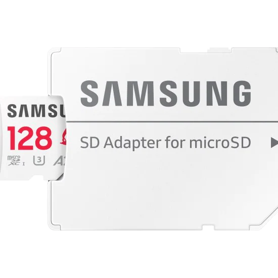 Карта памет Samsung PRO Plus SONIC – microSDXC 128GB + Адаптер, UHS-I, U3, V30, A2, 180MB/s – Червен / Бял