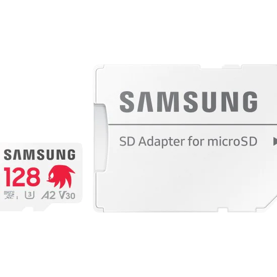 Карта памет Samsung PRO Plus SONIC – microSDXC 128GB + Адаптер, UHS-I, U3, V30, A2, 180MB/s – Червен / Бял