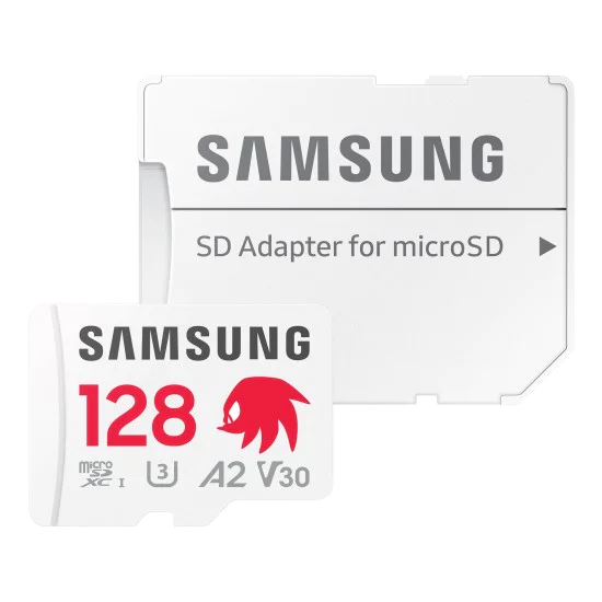 Карта памет Samsung PRO Plus SONIC – microSDXC 128GB + Адаптер, UHS-I, U3, V30, A2, 180MB/s – Червен / Бял