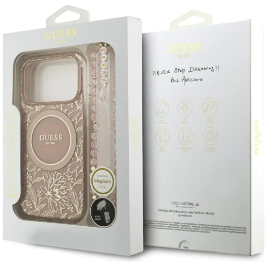 Калъф за iPhone 17 Pro - Guess - IML Flowers Allover Electroplated с перлена каишка MagSafe (GUHMP17LHCPOFPP) - Розов