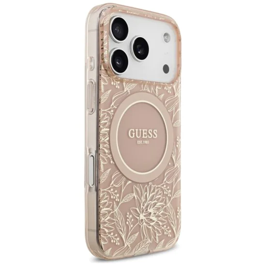 Калъф за iPhone 17 Pro - Guess - IML Flowers Allover Electroplated с перлена каишка MagSafe (GUHMP17LHCPOFPP) - Розов