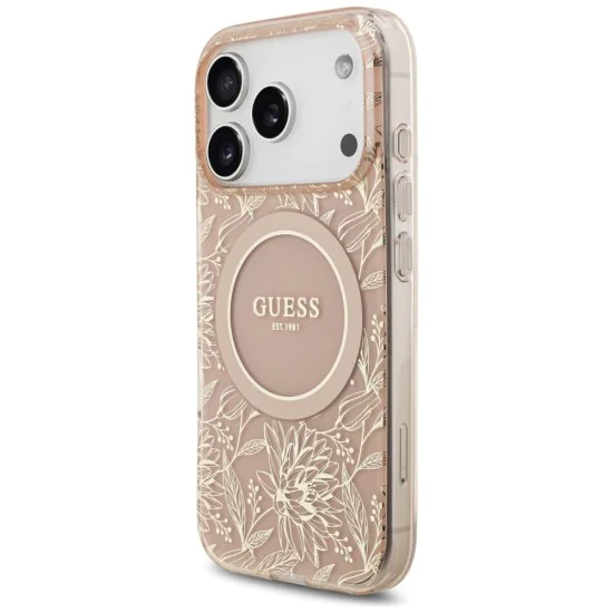 Калъф за iPhone 17 Pro - Guess - IML Flowers Allover Electroplated с перлена каишка MagSafe (GUHMP17LHCPOFPP) - Розов