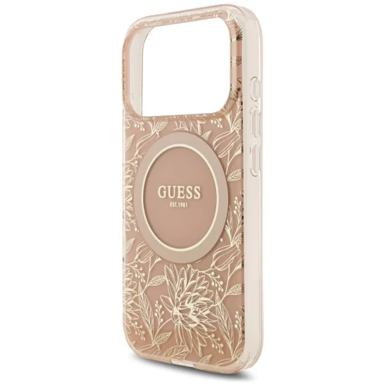 Калъф за iPhone 17 Pro - Guess - IML Flowers Allover Electroplated с перлена каишка MagSafe (GUHMP17LHCPOFPP) - Розов