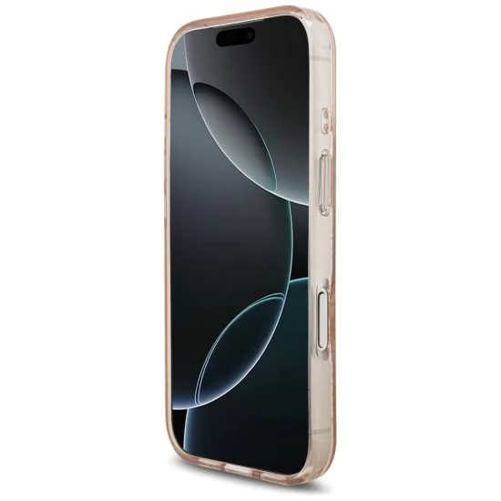 Калъф за iPhone 17 Pro - Guess - IML Flowers Allover Electroplated с перлена каишка MagSafe (GUHMP17LHCPOFPP) - Розов