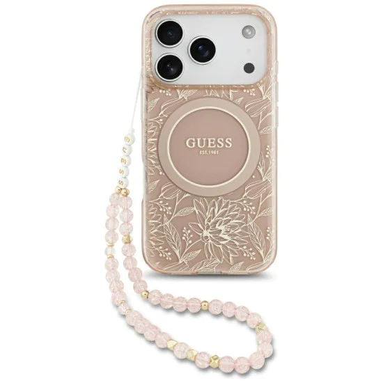 Калъф за iPhone 17 Pro - Guess - IML Flowers Allover Electroplated с перлена каишка MagSafe (GUHMP17LHCPOFPP) - Розов