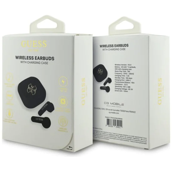 Guess - Безжични слушалки 4G с метално лого (GUTWSJ7HE4GH) - Bluetooth, True Wireless Stereo, USB-C, За в ушите - Бяла