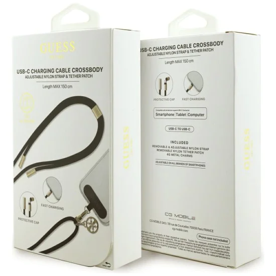 Guess - Кабел за данни CBDY 4G Charm (GUCCUCNY4GDK) - USB-C към USB-C, бързо зареждане, регулируема каишка, защитна капачка, 1.5 м - черен