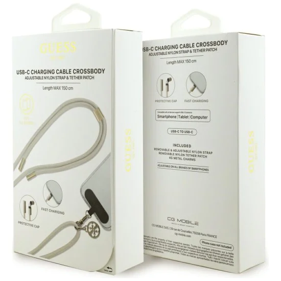 Кабел за данни / зареждане – Guess (GUCCUCNY4GDE) CBDY 4G Charm – USB-C към USB-C, Fast Charge, регулируема каишка, защитна капачка, 1.5m – Бежов