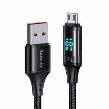 Кабел за данни – Mcdodo (CA-1070) – USB 2.0 → Micro-USB, цифров дисплей, найлон оплетка, алуминий, 3A, 1.2m – Черен