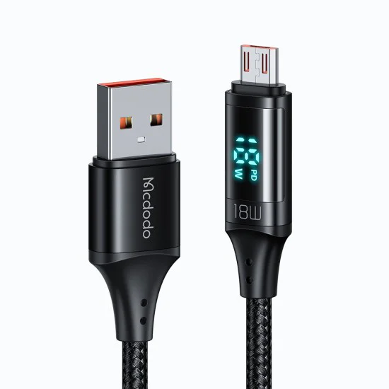 Кабел за данни – Mcdodo (CA-1070) – USB 2.0 → Micro-USB, цифров дисплей, найлон оплетка, алуминий, 3A, 1.2m – Черен