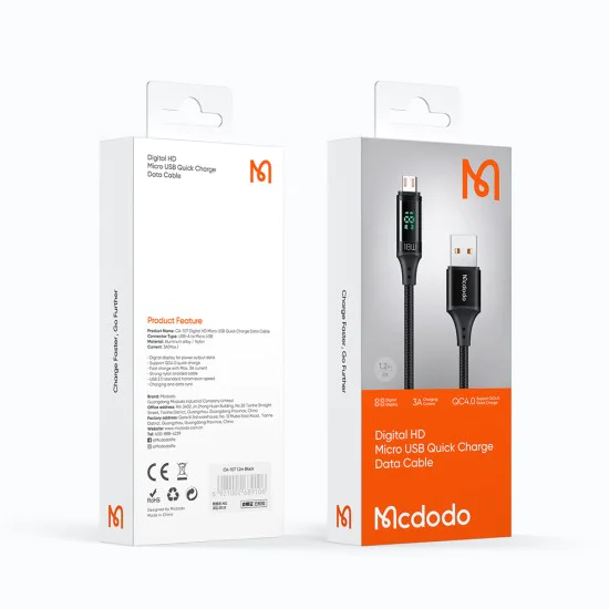 Кабел за данни – Mcdodo (CA-1070) – USB 2.0 → Micro-USB, цифров дисплей, найлон оплетка, алуминий, 3A, 1.2m – Черен