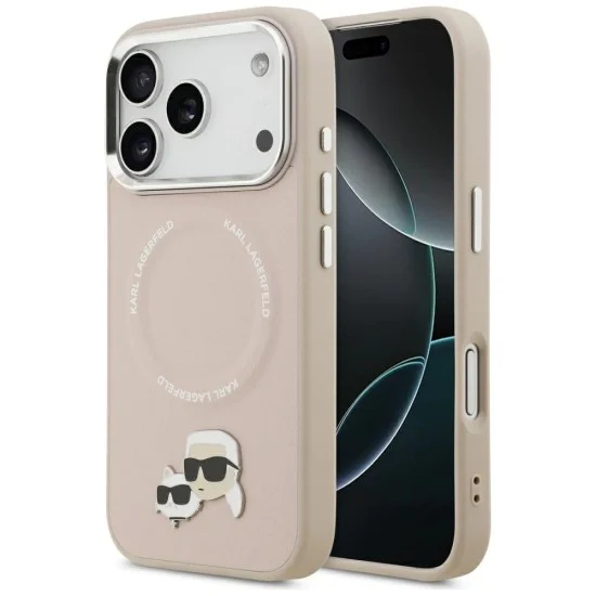 Калъф за iPhone 17 Pro Max - Karl Lagerfeld - Leather с щифтове Karl & Choupette с MagSafe (KLHMP17XPSMLRKCP) - Розов