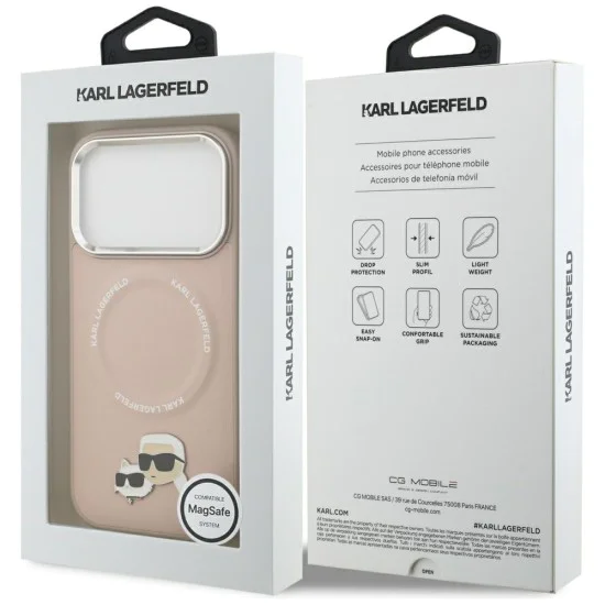 Калъф за iPhone 17 Pro Max - Karl Lagerfeld - Leather с щифтове Karl & Choupette с MagSafe (KLHMP17XPSMLRKCP) - Розов
